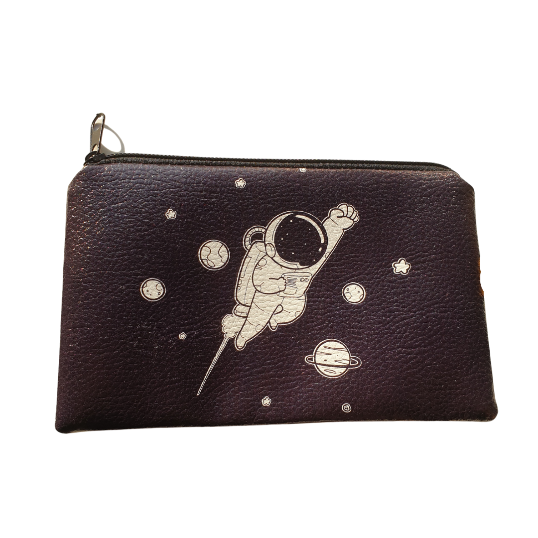 Ororabutik Siyah Astronot Suni Deri Cüzdan Kalemlik Makyaj Çantası 10x17cm