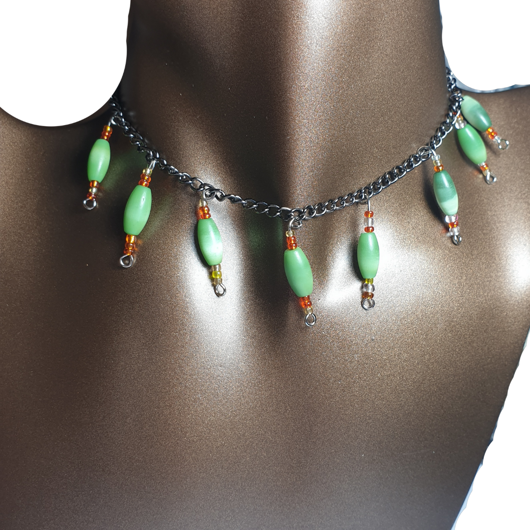 Handmade Yeşil Detaylı Sallantılı Choker-40cm-Ayarlanabilir