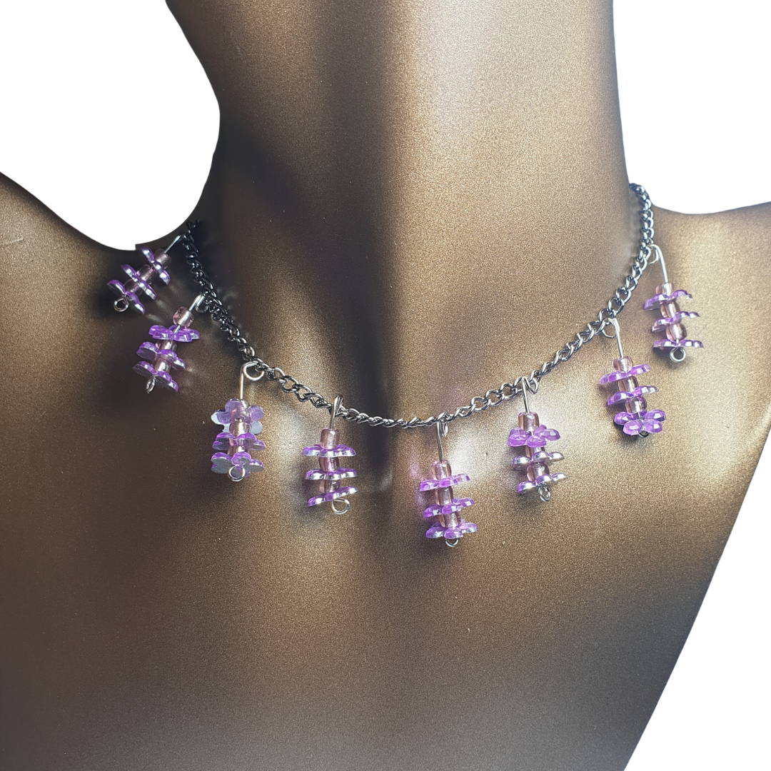 Mor Papatya Detaylı Sallantılı Choker-40cm-Ayarlanabilir