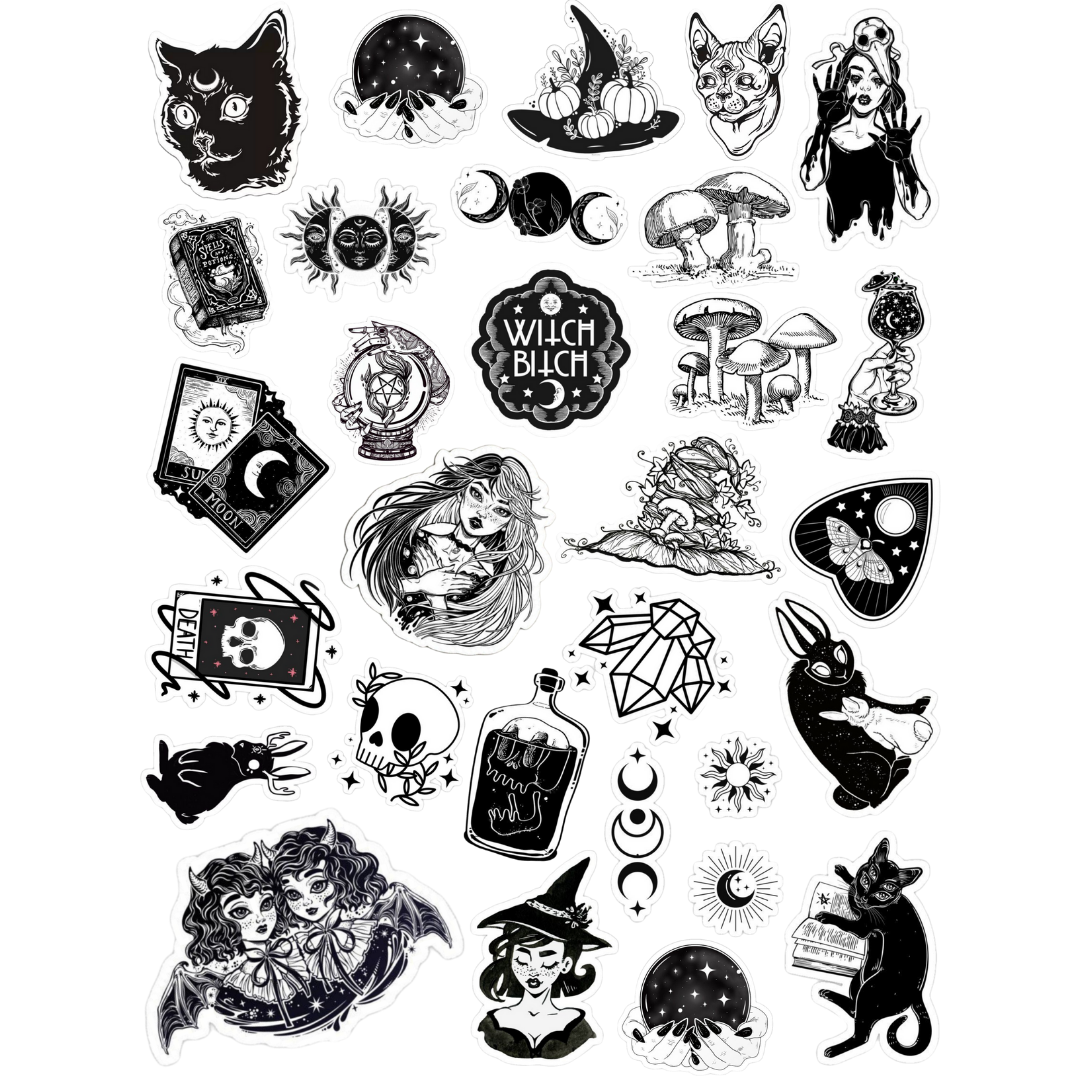 30\'lu Şeffaf/Beyaz Gothic Witcher Grunge Sticker Seti