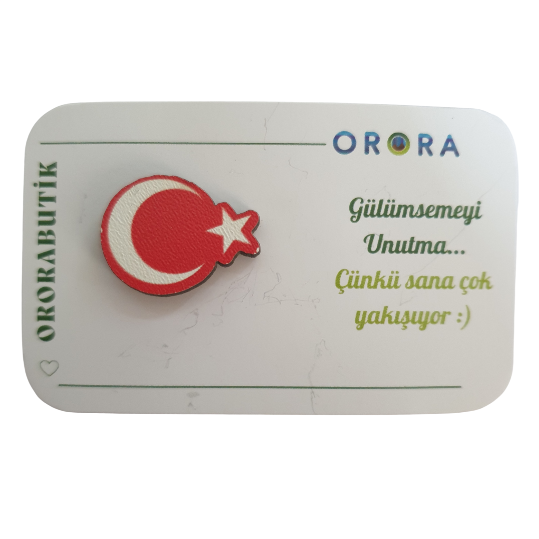 Orora Türk Bayrağı Ahşap Broş -Rozet 2-3cm