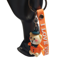 Turuncu Ceketli ve Papyonlu Ayıcık ve I Love You (Seni Seviyorum) Figürlü Anahtarlık-5cm