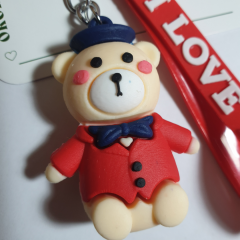 Kırmızı Ceketli ve Papyonlu Ayıcık ve I Love You (Seni Seviyorum) Figürlü Anahtarlık-5cm