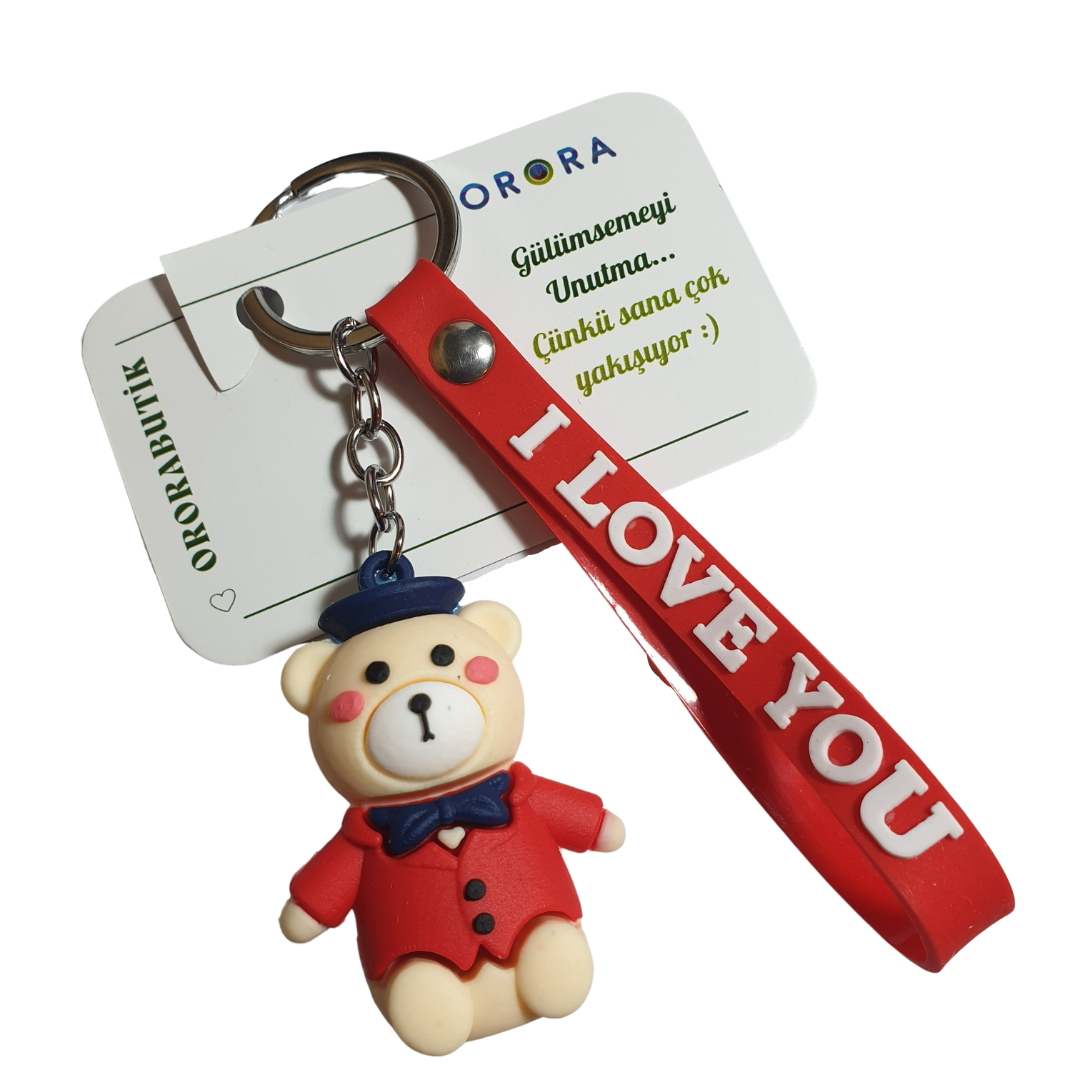 Kırmızı Ceketli ve Papyonlu Ayıcık ve I Love You (Seni Seviyorum) Figürlü Anahtarlık-5cm