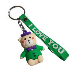 Yeşil Ceketli ve Papyonlu Ayıcık ve I Love You (Seni Seviyorum) Figürlü Anahtarlık-5cm