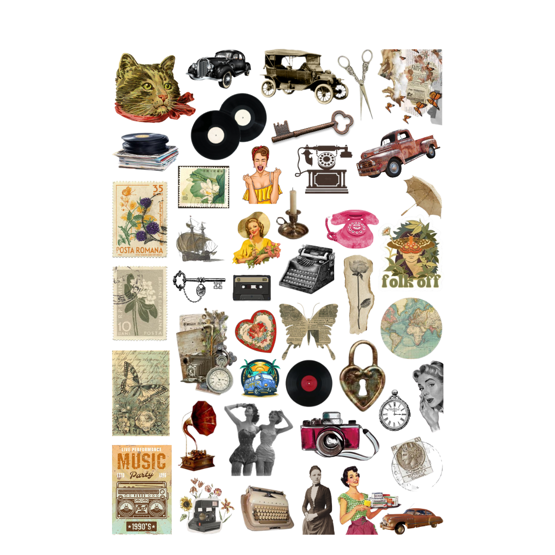 44\'lü Vintage Fairycore Retro Sticker Seti-Vintage Etiket Seti